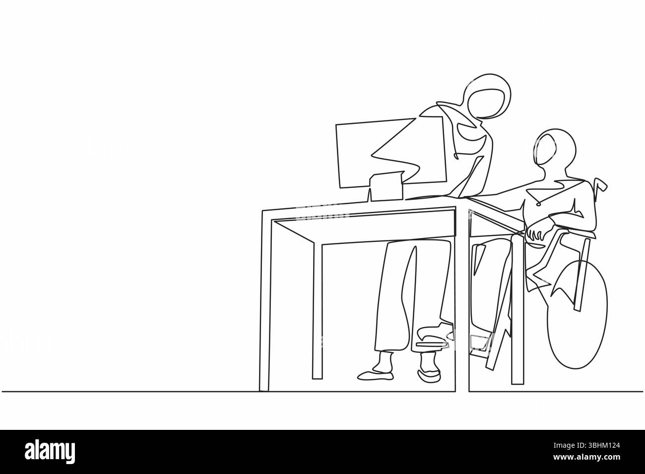 Una donna araba con disegno su una sola linea, in sedia a rotelle, lavora in un ufficio dietro la scrivania e il computer. Interazione e comunicazione con il collega Illustrazione Vettoriale