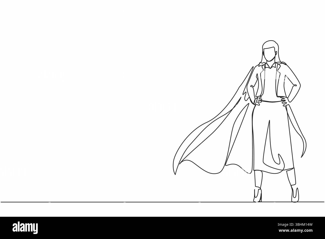 Una donna d'affari che disegna una linea continua e indossa un mantello da supereroe. Tutta la lunghezza di un uomo d'affari vestito da supereroe. Donna d'affari di successo, superh Illustrazione Vettoriale