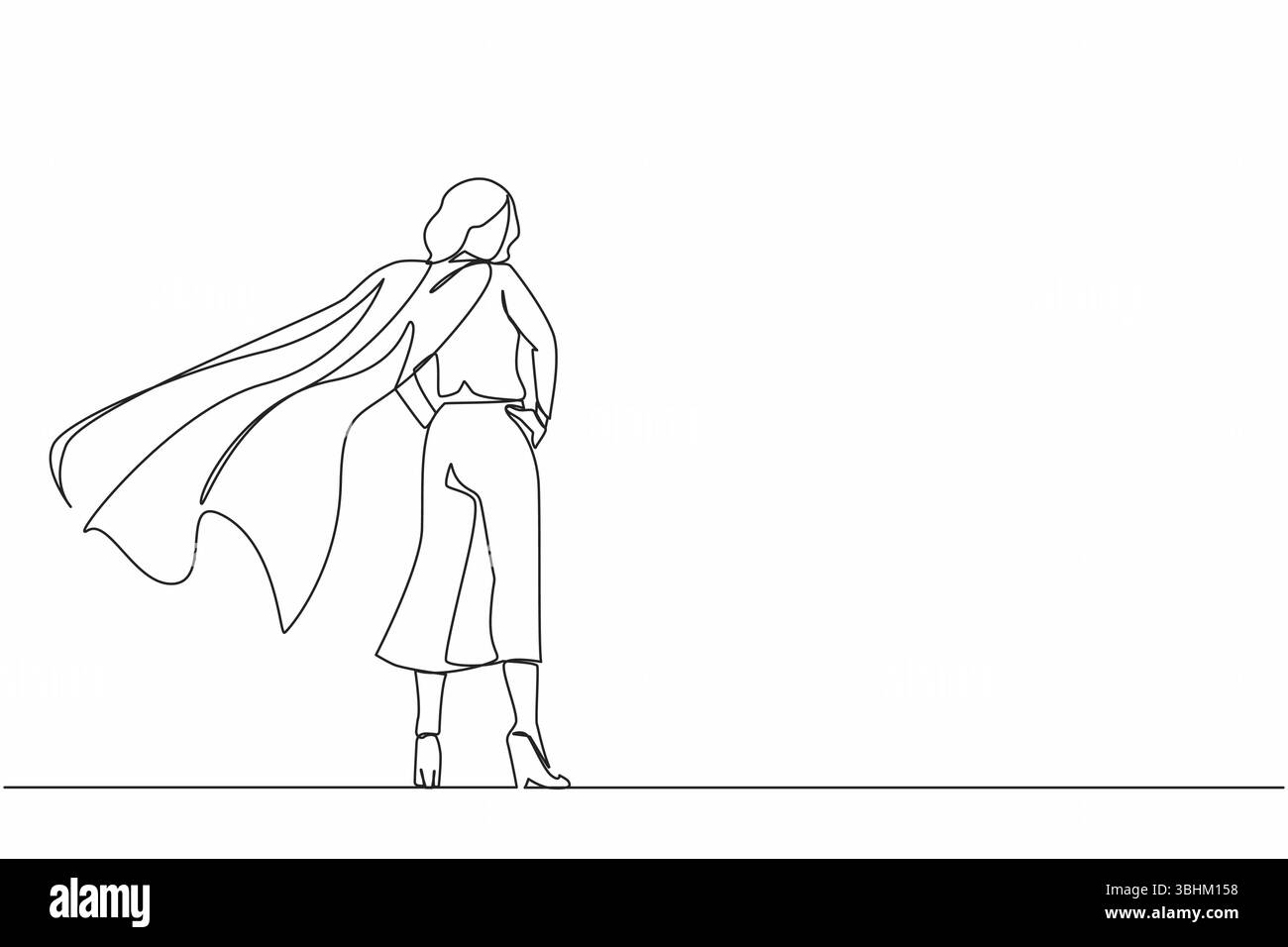 Linea singola continua disegnando supereroe in mantello flutters in vento. Sta con le spalle. Eroe di successo da donna d'affari. Il successo degli affari, la leadership Illustrazione Vettoriale
