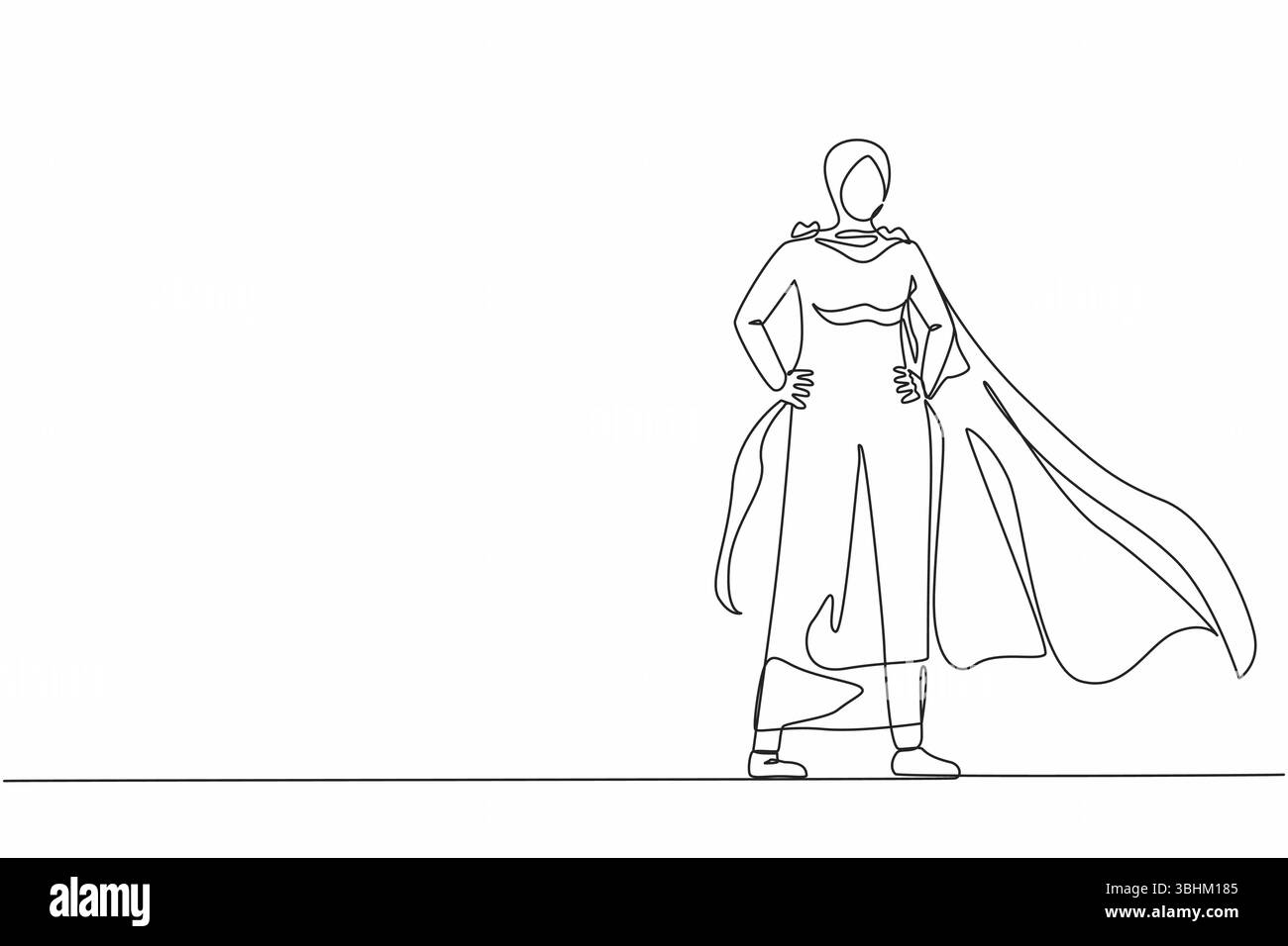 Linea singola continua che disegna una donna d'affari araba che indossa un mantello da supereroe. Tutta la lunghezza di un uomo d'affari vestito da supereroe. Donne d'affari di successo Illustrazione Vettoriale