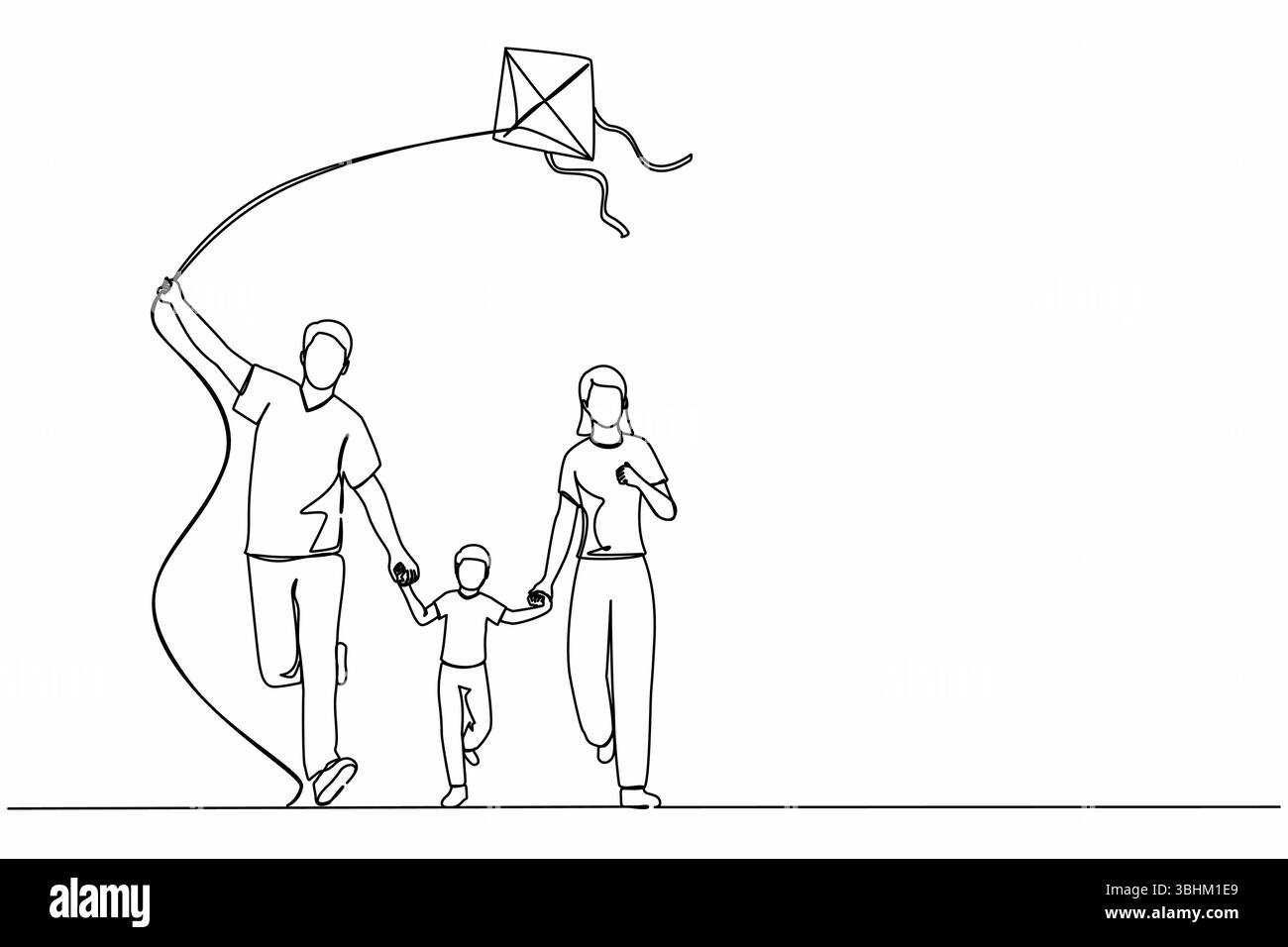 Weekend in famiglia con disegno a linea continua con genitori e bambini che camminano nel parco. Divertente corsa in famiglia, riposati nella natura in vacanza. Papa', mamma, un Illustrazione Vettoriale