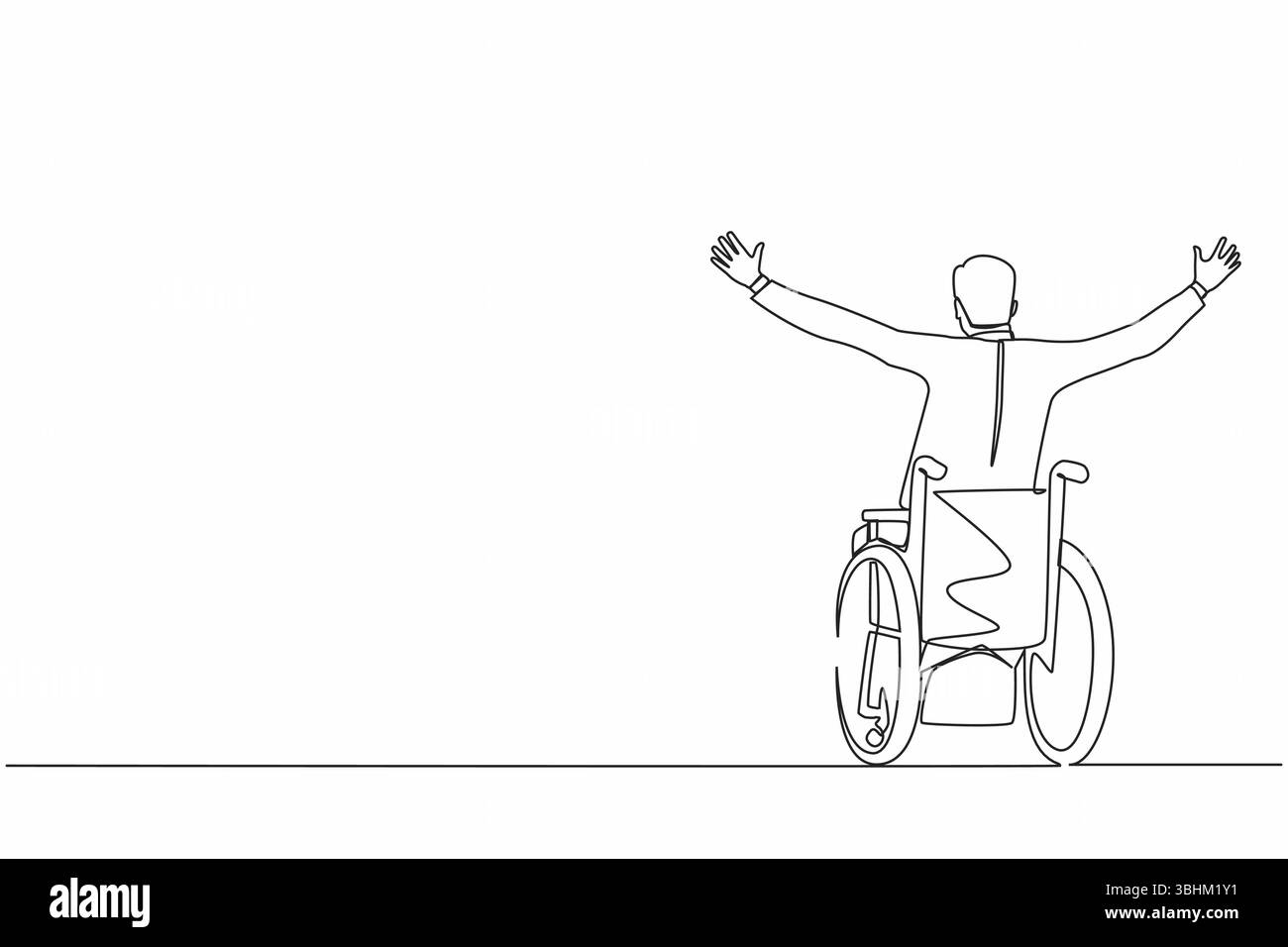 Una linea singola che disegna indietro l'uomo d'affari seduto in sedia a rotelle, alzando le braccia per felicità, concetto di riabilitazione. Persona felice che alza le mani Illustrazione Vettoriale