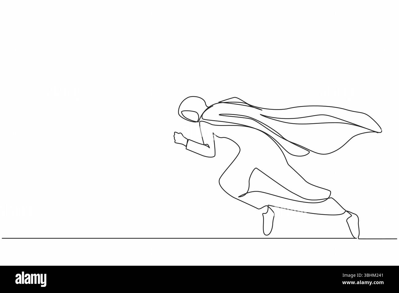 Una sola linea che attira una donna d'affari araba che corre veloce. Supereroe di affari che si precipita in servizio, obiettivo del concetto di business, raggiungimento, successo. Contin Illustrazione Vettoriale