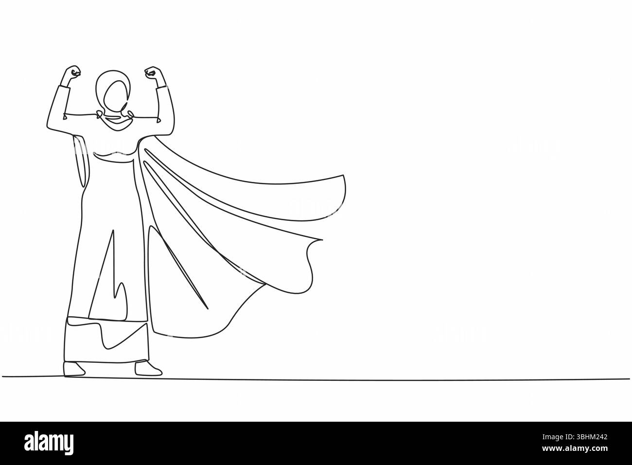 Una sola linea che disegna una donna d'affari araba personaggio supereroina, lavoratrice d'ufficio supereroina. Donna d'affari in mantello o mantello, in piedi nel superher Illustrazione Vettoriale