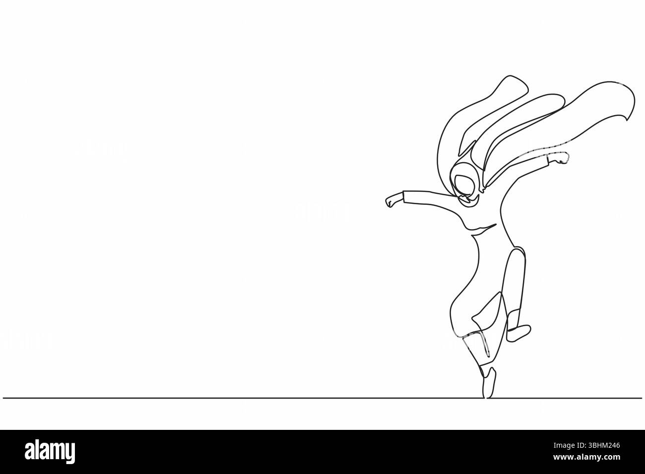 Una linea continua che disegna una donna d'affari araba supereroina in mantello. Supereroe che atterra dal cielo. Leadership, sfida raggiungimento degli obiettivi. S Illustrazione Vettoriale