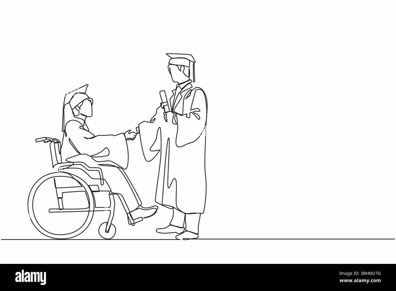 Disegno continuo di una linea per tutta la lunghezza di uno studente laureato in sedia a rotelle scuotendo la mano con uno studente laureato maschio in piedi e in possesso di un diploma. S Illustrazione Vettoriale