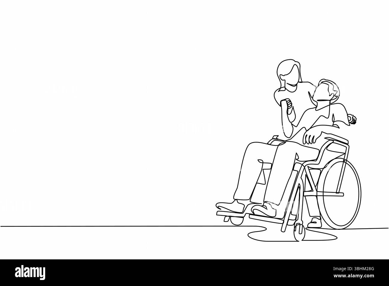 Moglie singola che disegna una fila e abbraccia il marito disabile seduto su sedia a rotelle. Una coppia che si guarda con amore. Donna che tiene per mano un disabile Illustrazione Vettoriale