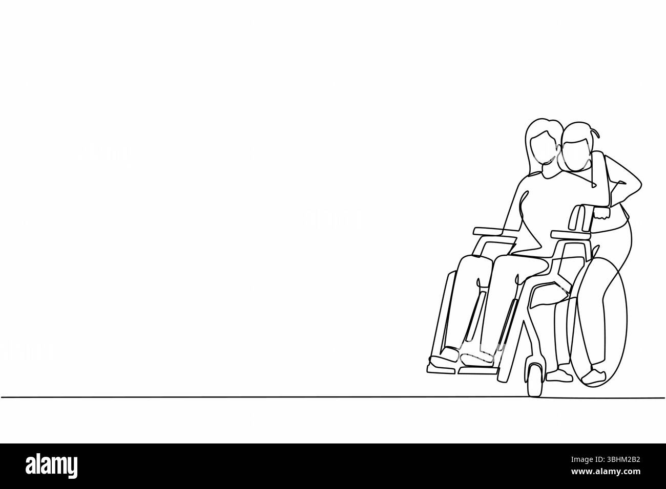 Una linea continua che disegna una donna seduta in sedia a rotelle mentre il marito sta dietro e la abbraccia. Uomo che sostiene la moglie durante la riabilitazione. Rela Illustrazione Vettoriale
