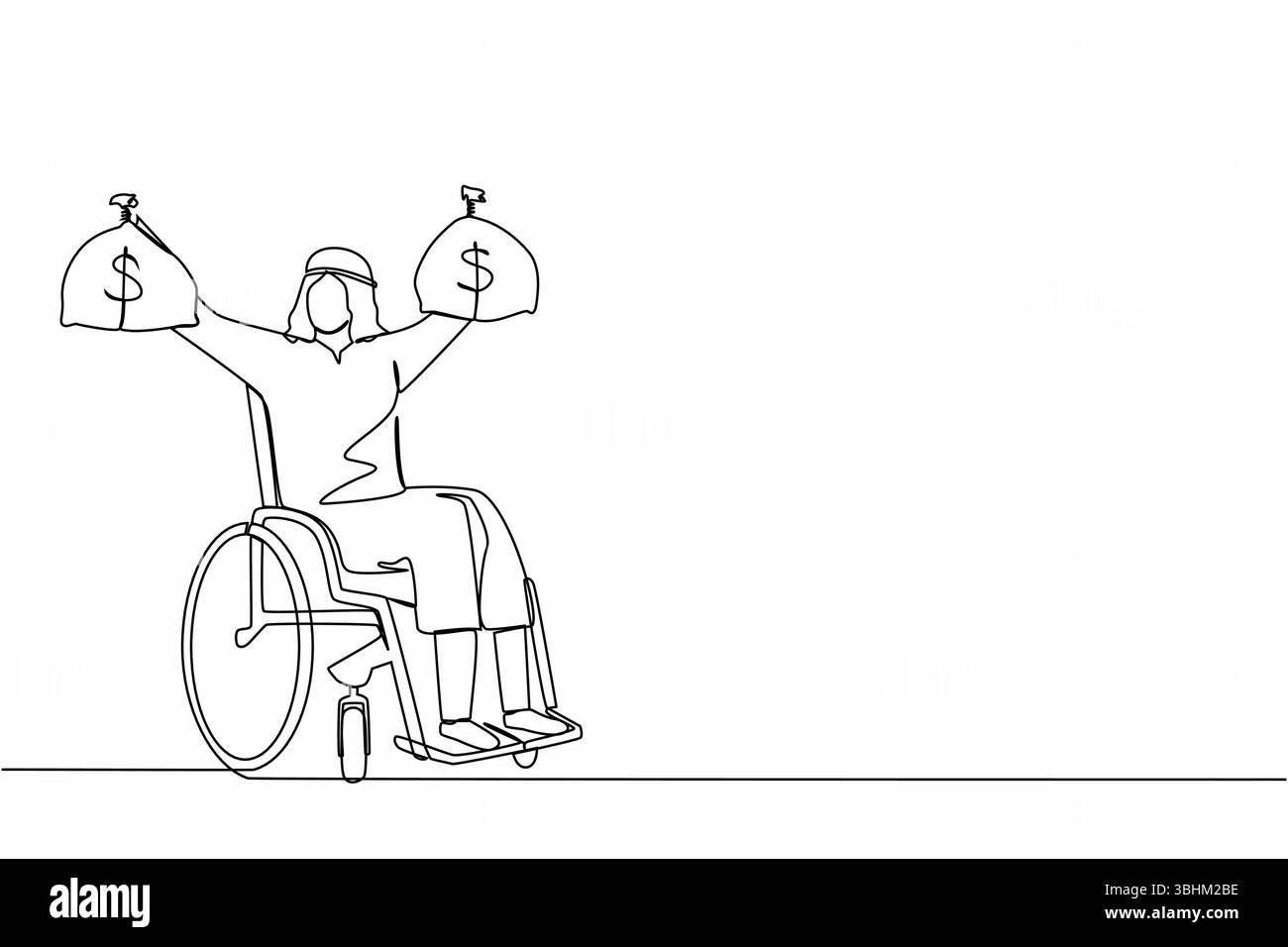 Una linea continua che attira un uomo d'affari arabo con un sacco di soldi da un dollaro. Indennità di assicurazione invalidità per persone in sedia a rotelle disabili. Protectio Illustrazione Vettoriale