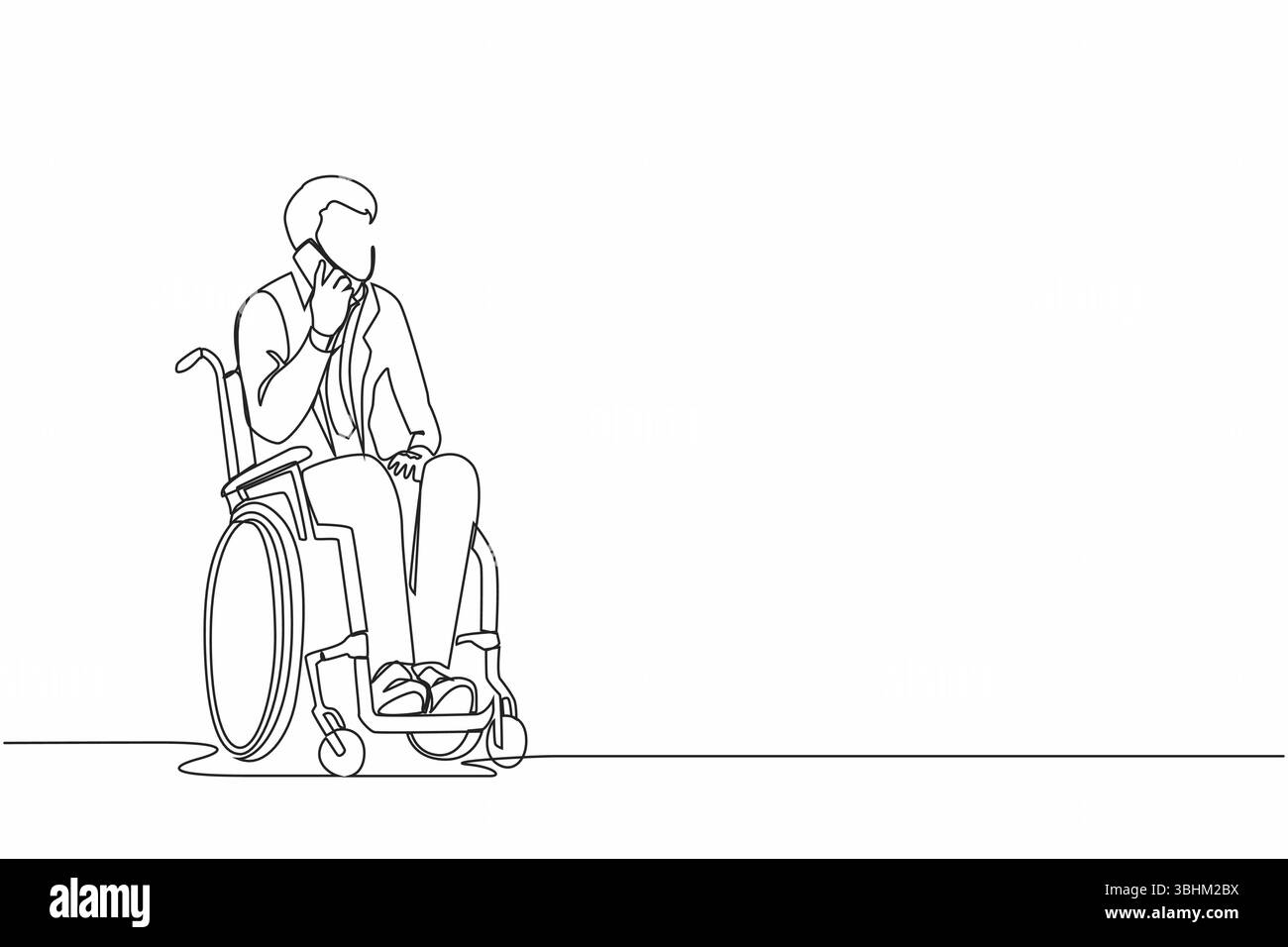 Una linea continua che disegna un ragazzo disabile in sedia a rotelle che sta conversando al telefono mentre lavora da casa. Uomo d'affari ferito che parla con il cliente in m Illustrazione Vettoriale