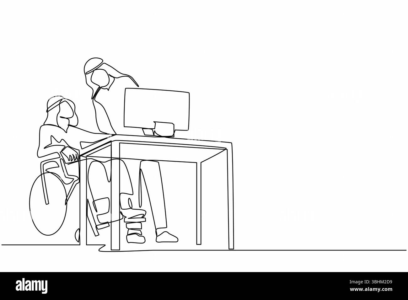 Una linea continua che disegna un uomo arabo disabile in sedia a rotelle lavora in un ufficio dietro la scrivania e il computer. Interazione e comunicazione con colleag Illustrazione Vettoriale