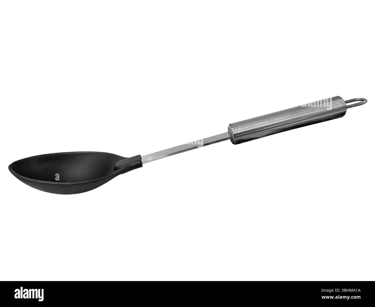Cucchiaio da cucina in gomma siliconica nera con manico in acciaio inox isolato su bianco con percorso di ritaglio incluso Foto Stock