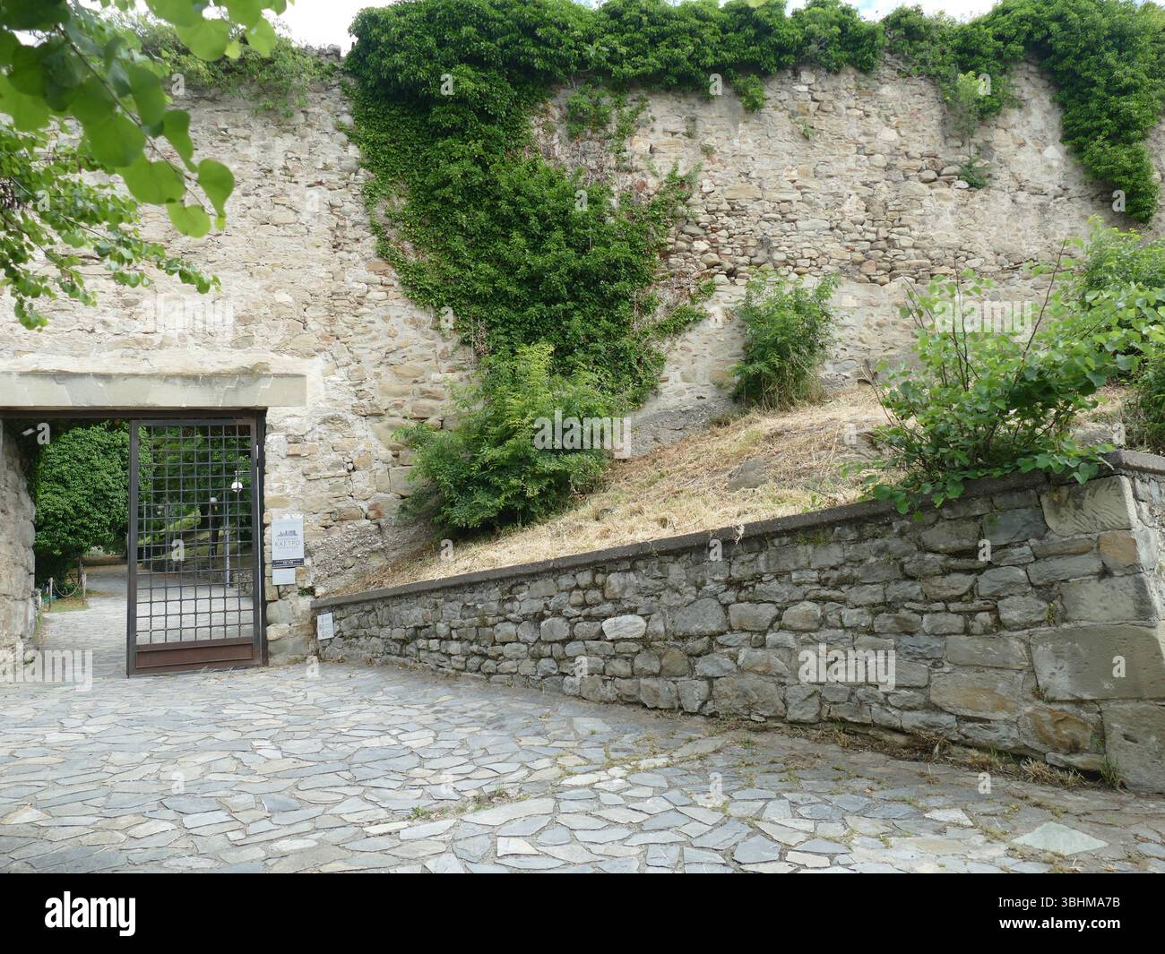 Verdeggiante edera che abbraccia mura in pietra intemperie della Cittadella Viscontea medievale, cancello in metallo arrugginito che incornicia lo storico paesaggio architettonico italiano. , Tri Foto Stock