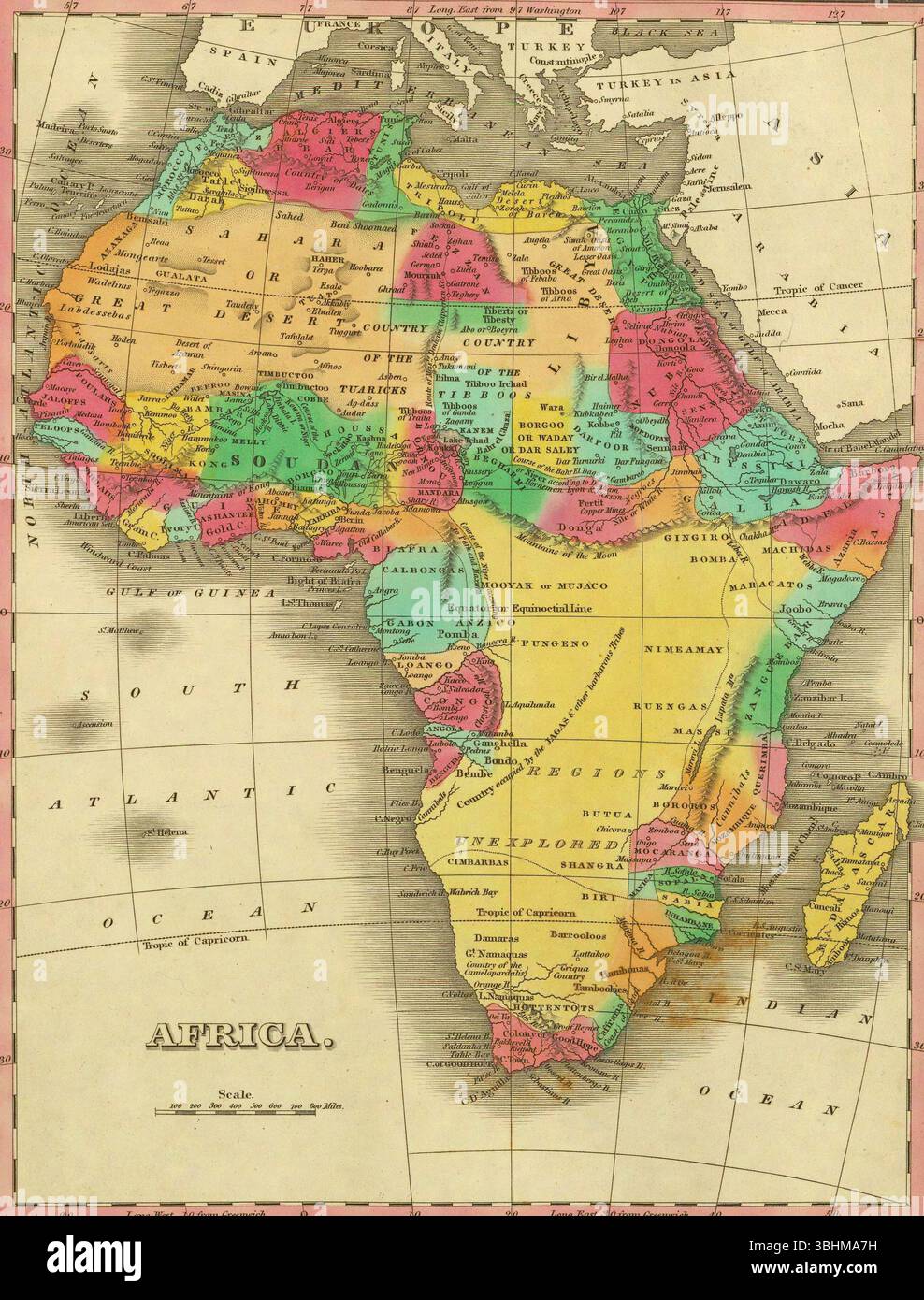 Documento cartografico africano vintage del 1855 che rivela regioni continentali, confini politici, paesaggi inesplorati. SEATTLE - 1 MARZO 2025 - Foto Stock