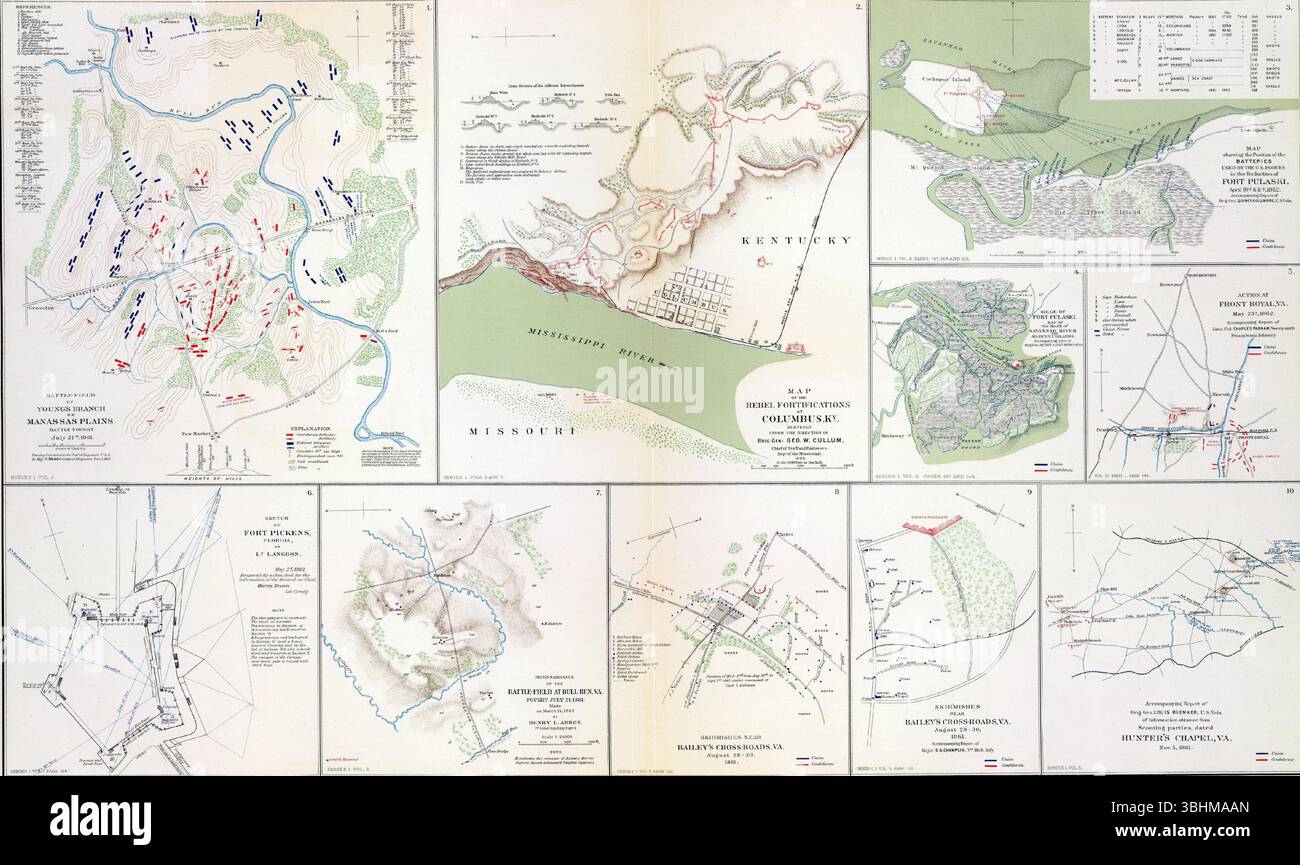 Raccolta di mappe storiche che raffigurano battaglie chiave e schieramenti di truppe durante la guerra civile americana, evidenziando strategie militari e geografie Foto Stock