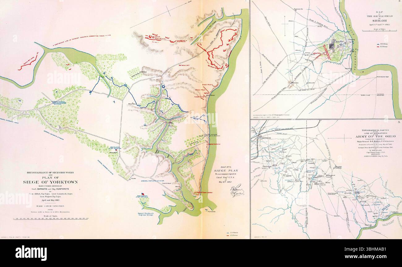 Mappe antiche che mostrano i movimenti e le posizioni delle truppe durante l'assedio di Yorktown e la battaglia di Shiloh, eventi significativi della guerra civile americana. SE Foto Stock