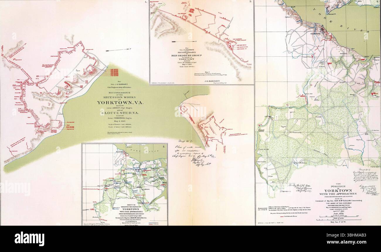Antica mappa delle opere di secessione a Yorktown e Gloucester, Virginia, che mostra le fortificazioni e l'area circostante durante la guerra di secessione americana. SEATTL Foto Stock
