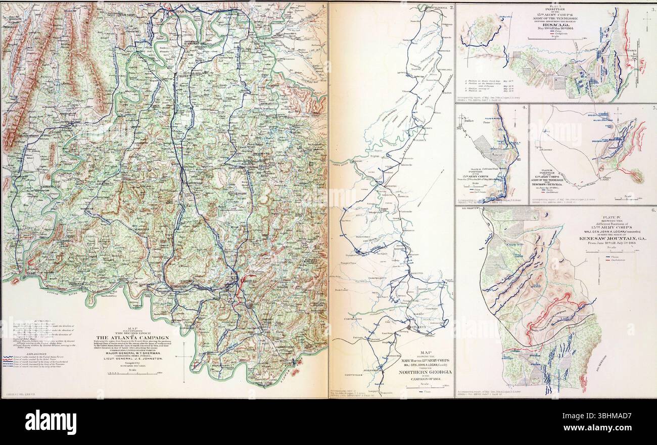 Intricata mappa dell'epoca della guerra civile che raffigura la campagna di Atlanta, rivelando rotte militari strategiche e siti di battaglia cruciali nel paesaggio della Georgia. SE Foto Stock