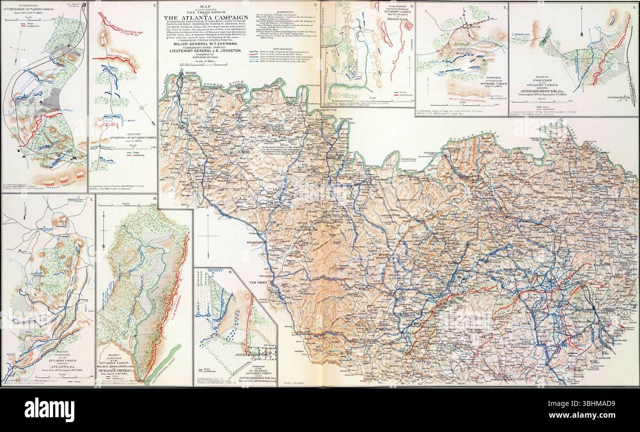 Mappa d'epoca che illustra gli schieramenti strategici delle truppe dell'Unione e dei Confederati durante le operazioni militari della campagna di Atlanta della guerra civile americana del 1864. MARE Foto Stock
