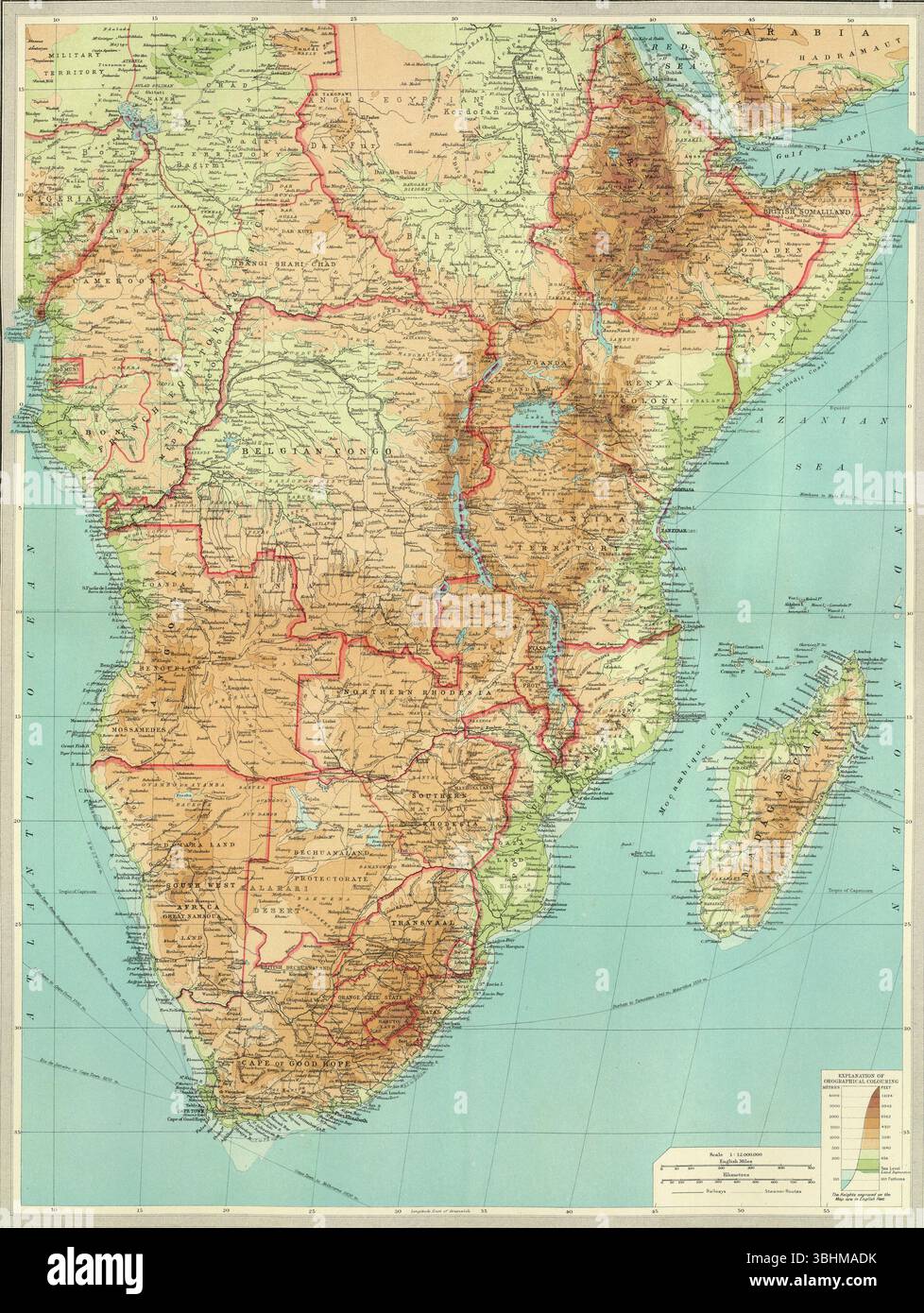 Antica mappa di Central & Souther. Africa.From Atlas di Bartolomeo e Figlio, 1922. Foto Stock