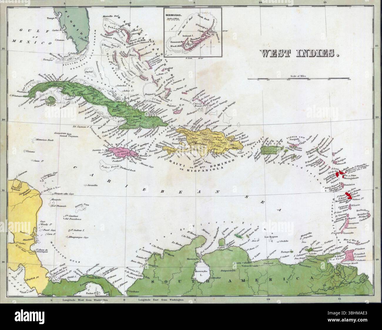 Rendering cartografico vintage che raffigura l'arcipelago delle Indie occidentali, rivelando dettagli geografici, confini politici, paesaggi marittimi di colonia Foto Stock