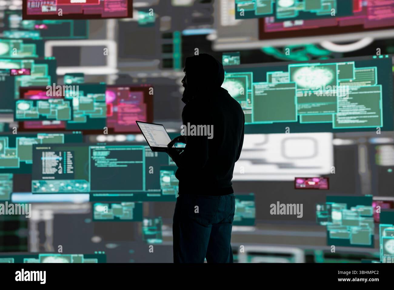 Rappresentazione concettuale della criminalità informatica con hacker maschi che sfruttano la vulnerabilità del sistema, utilizzando tecniche di programmazione e sorveglianza per ignorare le difese digitali e divulgare informazioni. Foto Stock