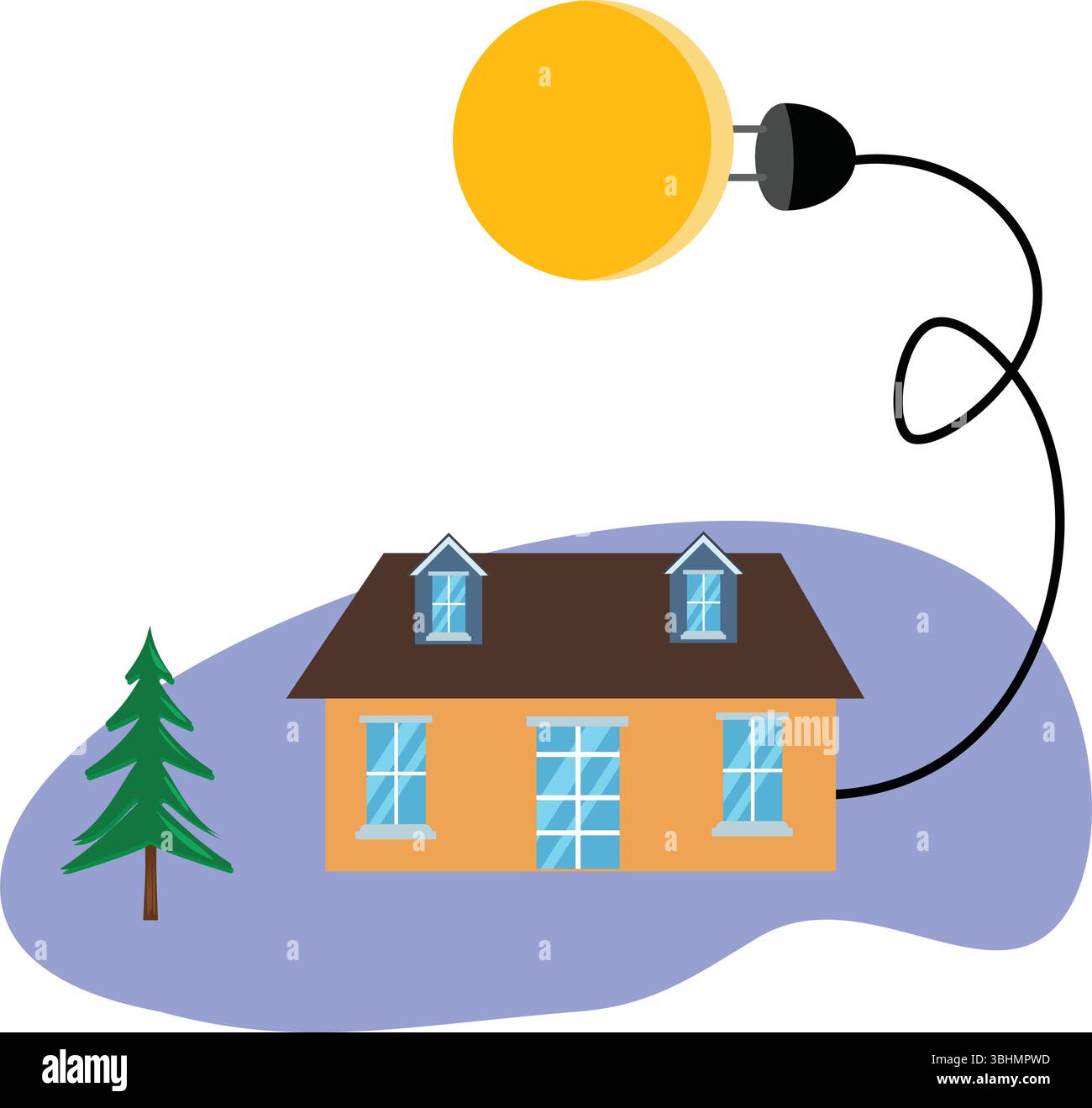 Sun collegato alla casa con un cavo elettrico, illustrazione del concetto di energia libera Illustrazione Vettoriale