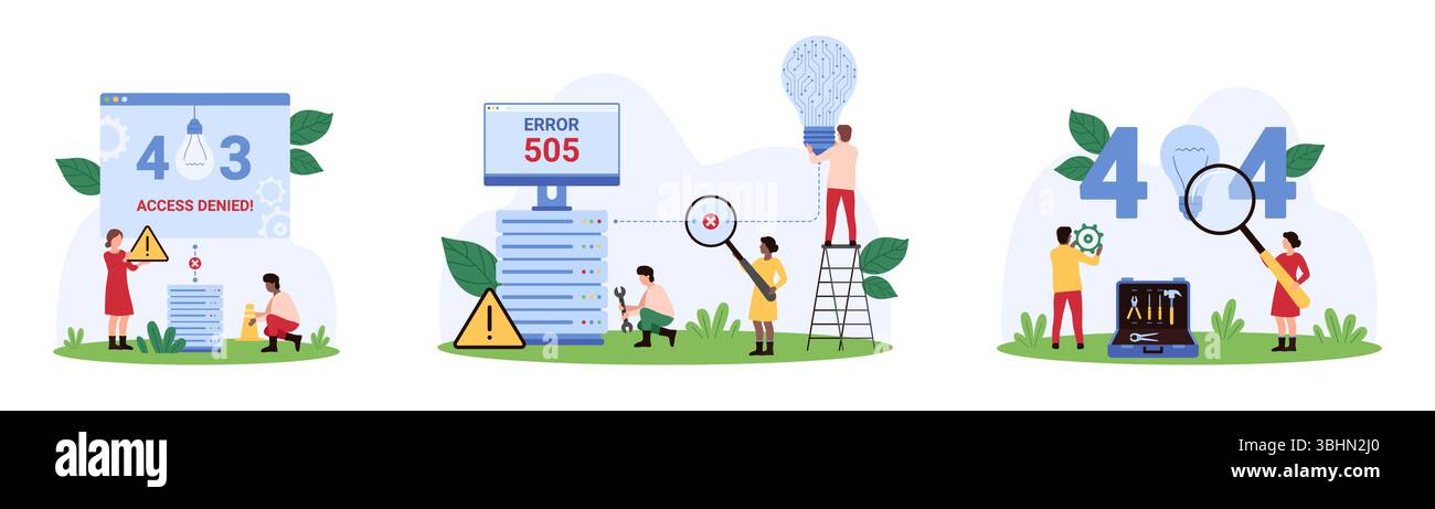 Errore di rete, impostato tipo di errore 404 e 403, 505. Piccole persone con messaggi di avvertimento del sistema di sicurezza informatica riguardo al problema di accesso alla pagina Web rotta e all'illustrazione vettoriale del fumetto del server Illustrazione Vettoriale