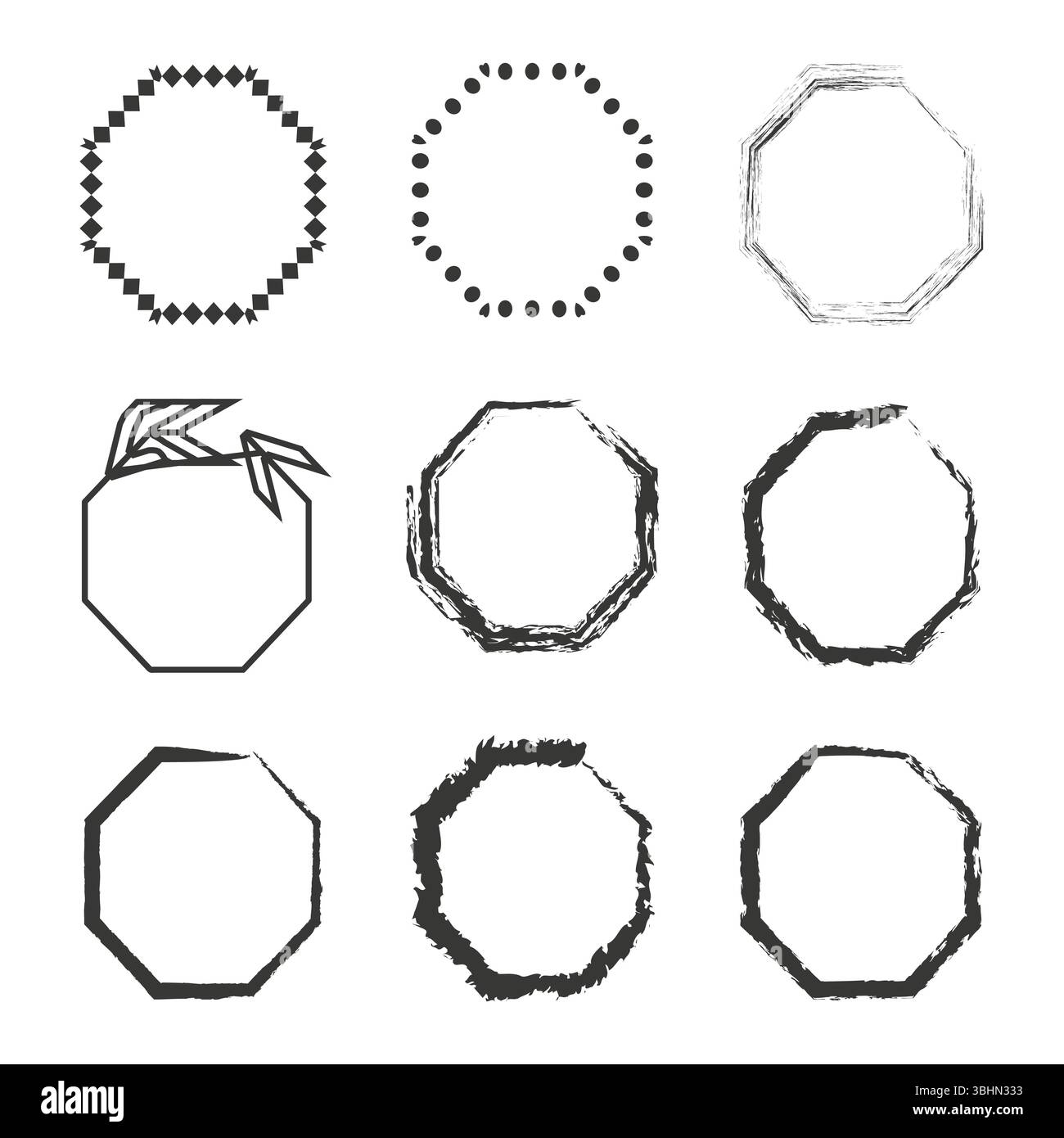 Telaio spazzola ruvido. Forma ottagonale in distacco. Margine di grunge vettoriale. Simbolo dipinto a mano. Illustrazione Vettoriale