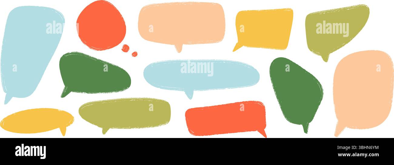 Collezione di bolle colorate disegnate a mano. Set di finestre di dialogo Playful Doodled Marker. Cornici per discorsi fumettistici con trama scarabocchiata. Pacchetto di chat con schizzi luminosi. Fascio di caselle di testo della bollatura diverso. Vettore Illustrazione Vettoriale