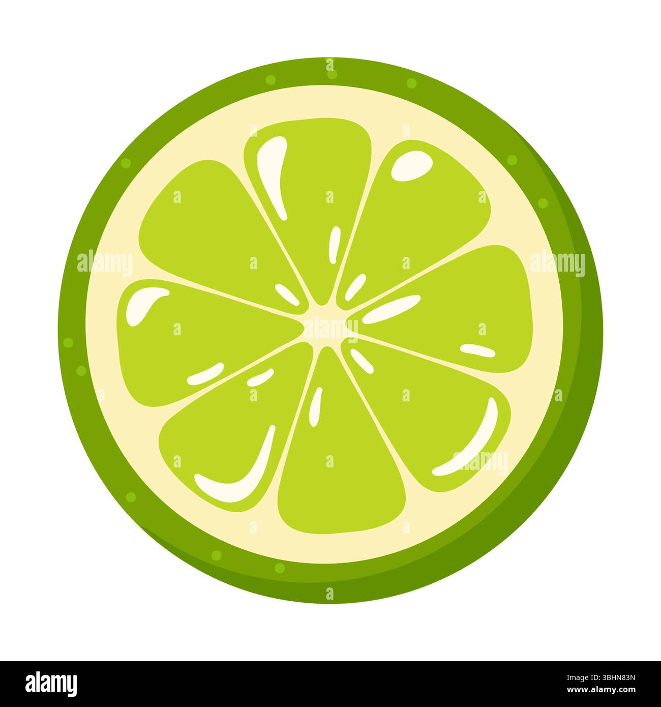 Fetta di calce tonda cartoni animati con polpa verde fresca. Illustrazione vettoriale isolata su sfondo bianco Illustrazione Vettoriale
