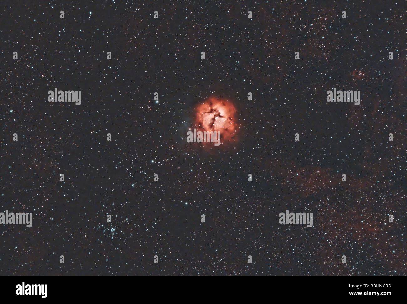 La Nebulosa Trifida (Messier 20, NGC 6514) è una regione H II nel nord-ovest del Sagittario in una regione che forma stelle nello Scutum-Centauro della via Lattea Foto Stock
