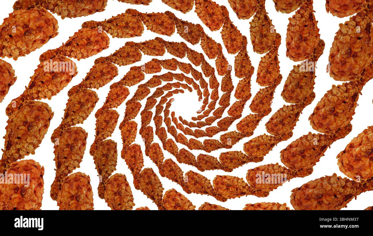 Bacchette di pollo fritto croccanti disposte a spirale ipnotico su sfondo bianco, arte culinaria concettuale, rendering digitale Foto Stock