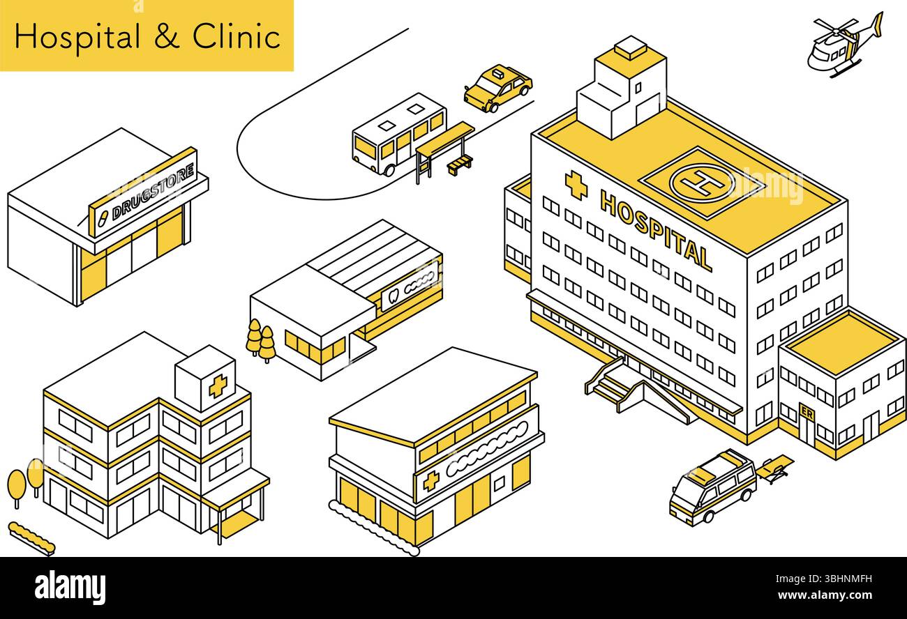 Isometric line art illustrazione set di strutture mediche tra cui un ospedale generale con elicottero medico, ambulanza di emergenza, clinica odontoiatrica, dru Illustrazione Vettoriale