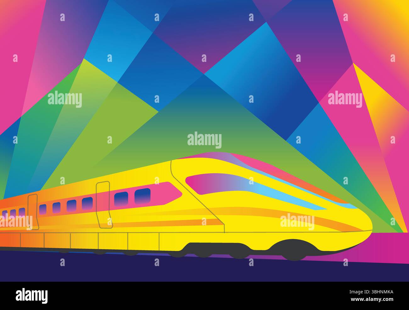 Un treno moderno sullo sfondo di forme geometriche colorate. Il treno, prevalentemente giallo con accenni di rosa e verde, è raffigurato in motio Illustrazione Vettoriale