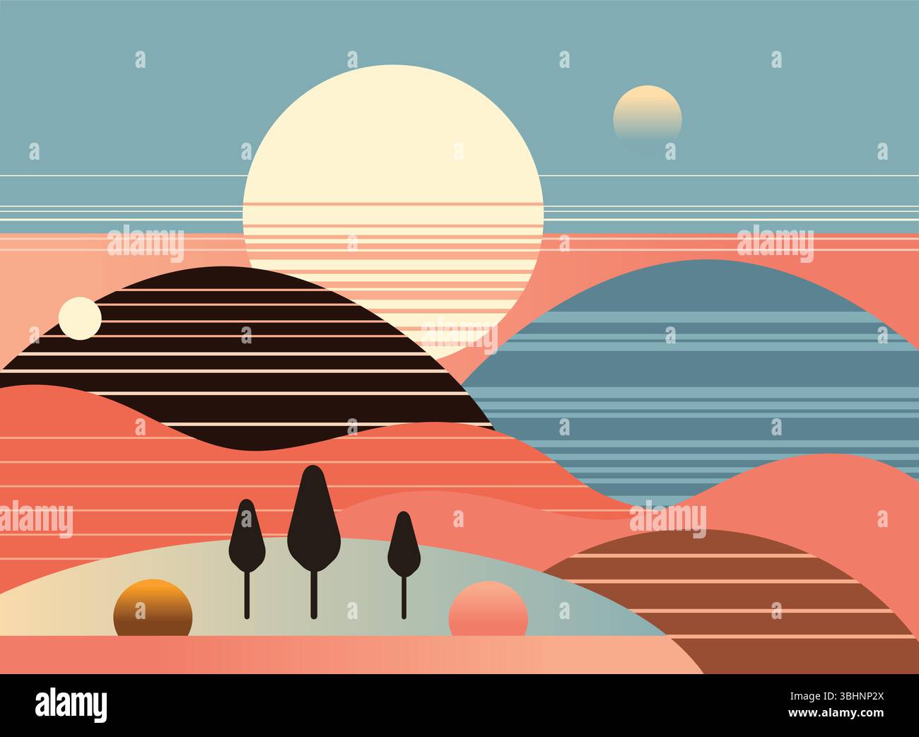 Una rappresentazione digitale minimalista di un paesaggio sereno al tramonto. La scena presenta colline stilizzate, un grande sole e corpi celesti più piccoli in un colo Illustrazione Vettoriale