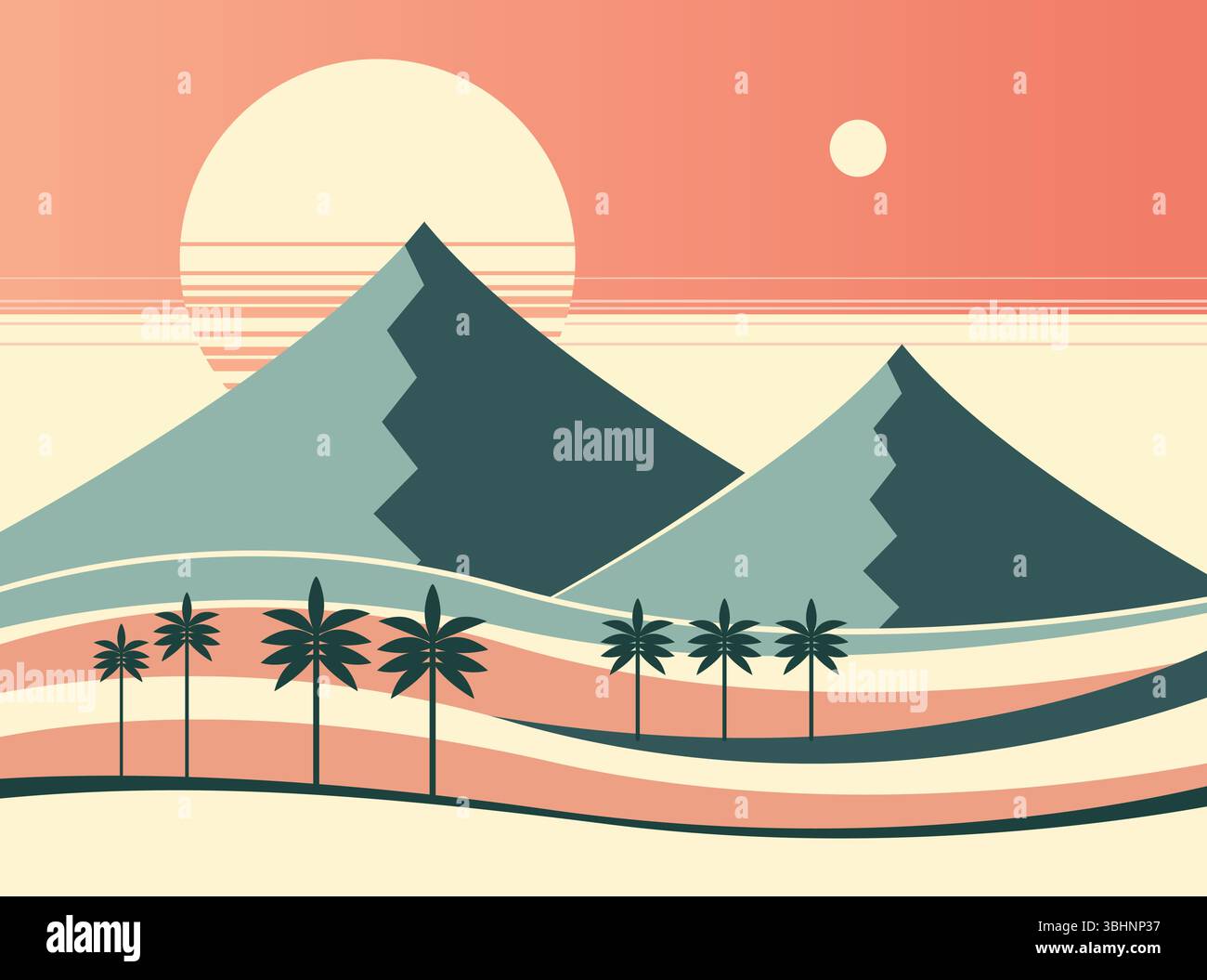 Una rappresentazione digitale minimalista di un paesaggio sereno al tramonto. La scena presenta colline stilizzate, un grande sole e corpi celesti più piccoli in un colo Illustrazione Vettoriale