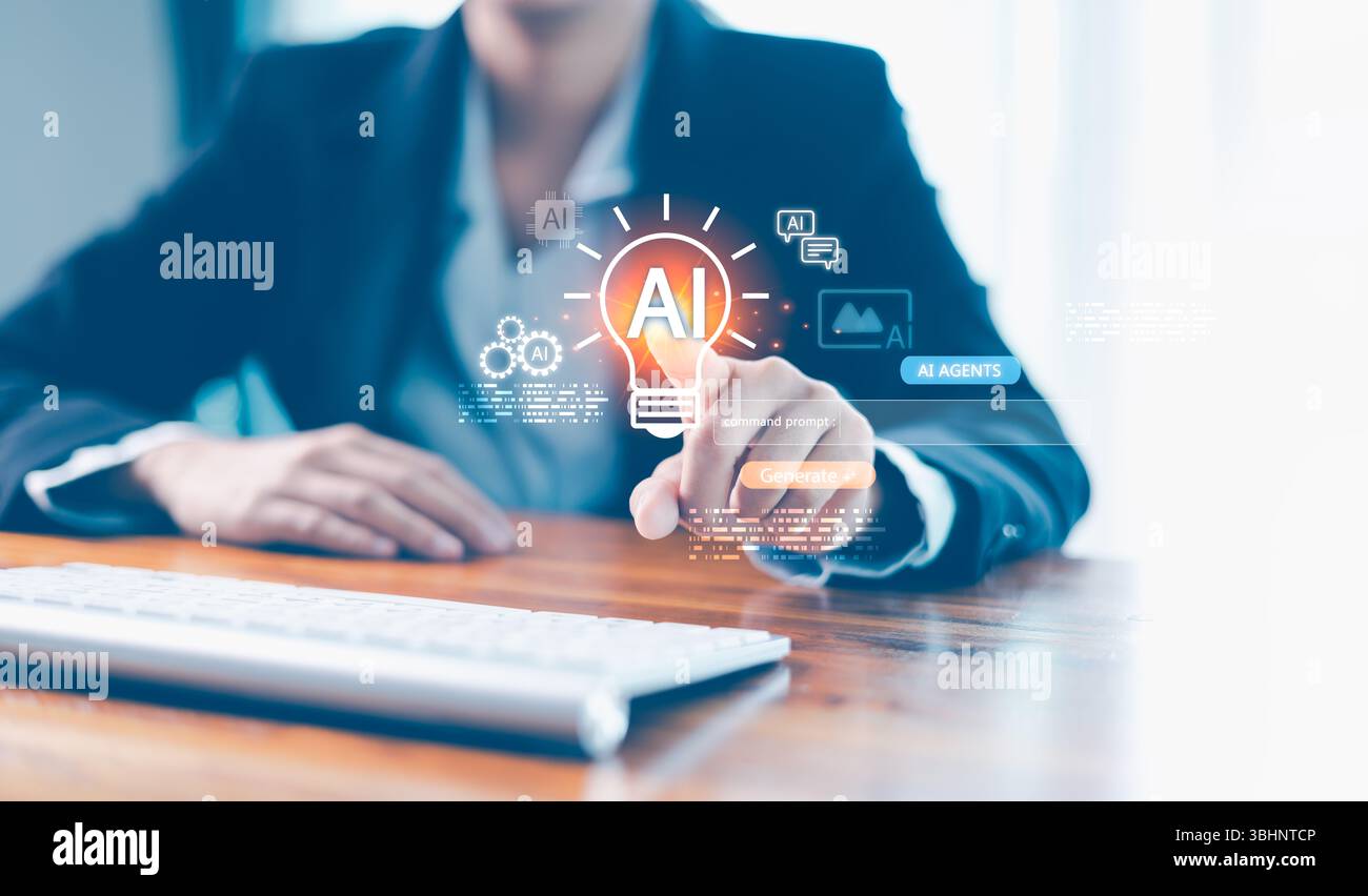 Agente IA generato. L'utente punta l'icona della lampadina IA virtuale con il pulsante genera, la barra del prompt dei comandi, simboleggia l'intelligenza artificiale generativa, creazione di idee, Smart A. Foto Stock