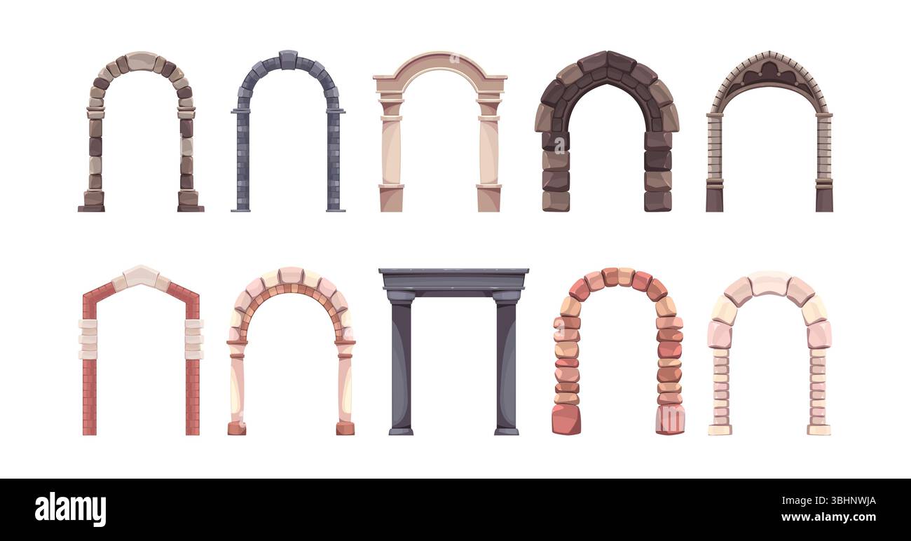 Archi di pietra di castelli. Antiche porte medievali, elementi architettonici, colonne antiche, giochi risorse grafiche porta in marmo e mattoni, cattedrale en Illustrazione Vettoriale