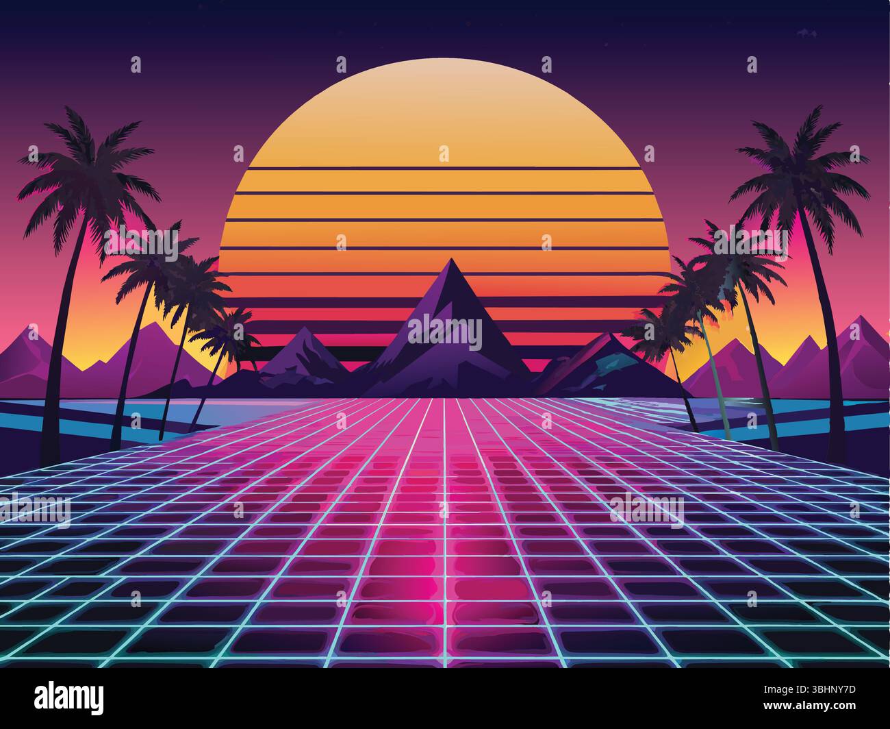 Un paesaggio retrò-futuristico con una griglia in primo piano, palme, montagne e un grande sole che tramonta in un cielo vibrante. Illustrazione Vettoriale