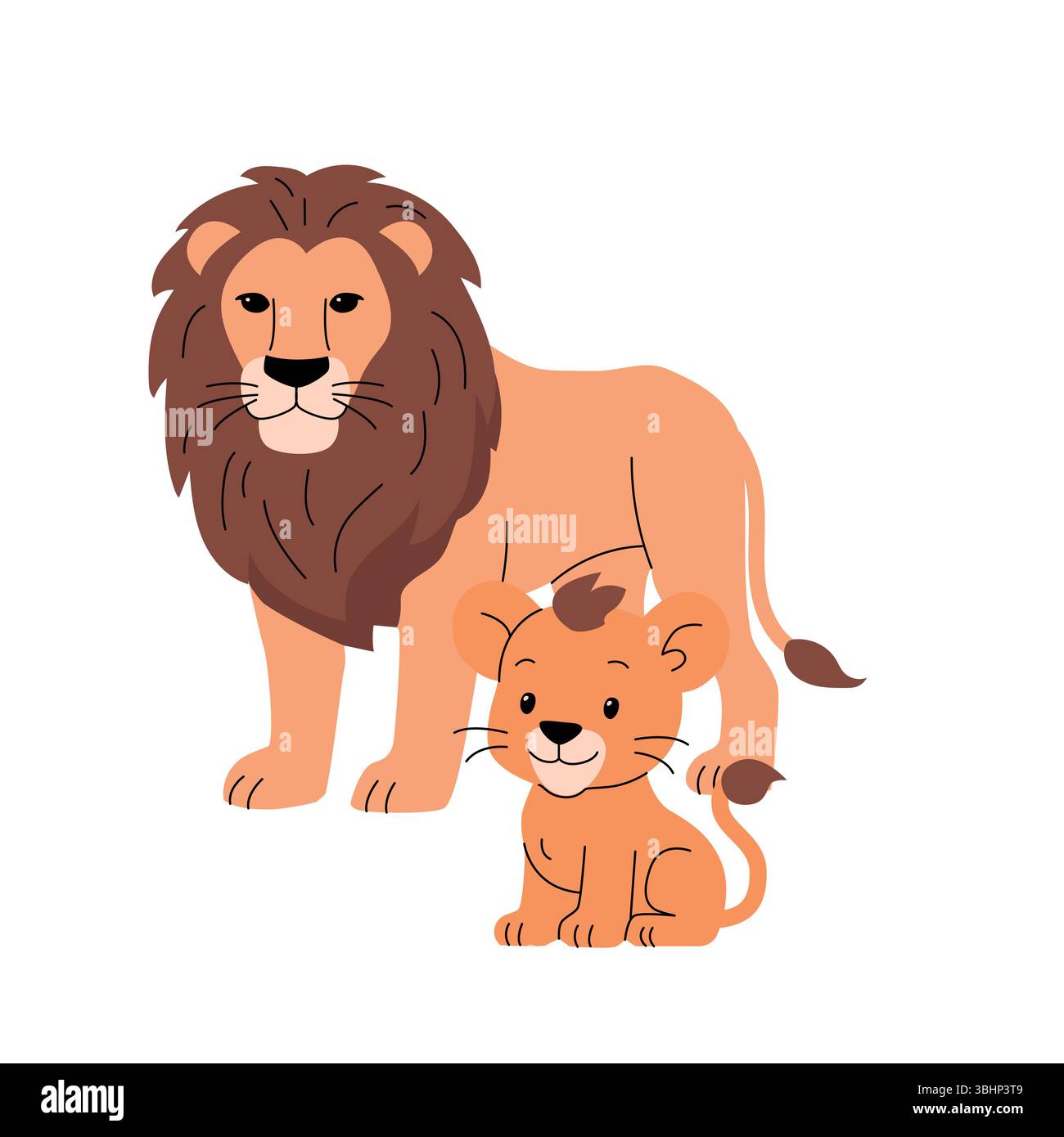 Immagine vettoriale piatta di un leone e un cucciolo. Il leone adulto ha una criniera marrone scuro, mentre il cucciolo ha un piccolo ciuffo di capelli e un'espressione allegra Illustrazione Vettoriale