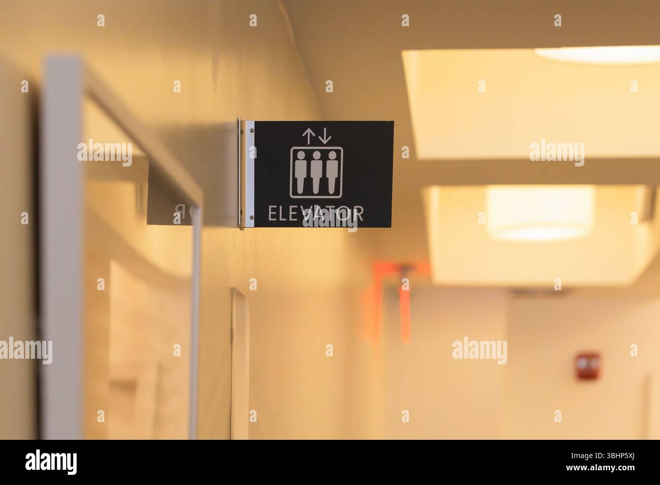 Un cartello nero e bianco dell'ascensore è appeso in un corridoio leggermente illuminato con un soffitto color crema e un'atmosfera calda. Foto Stock