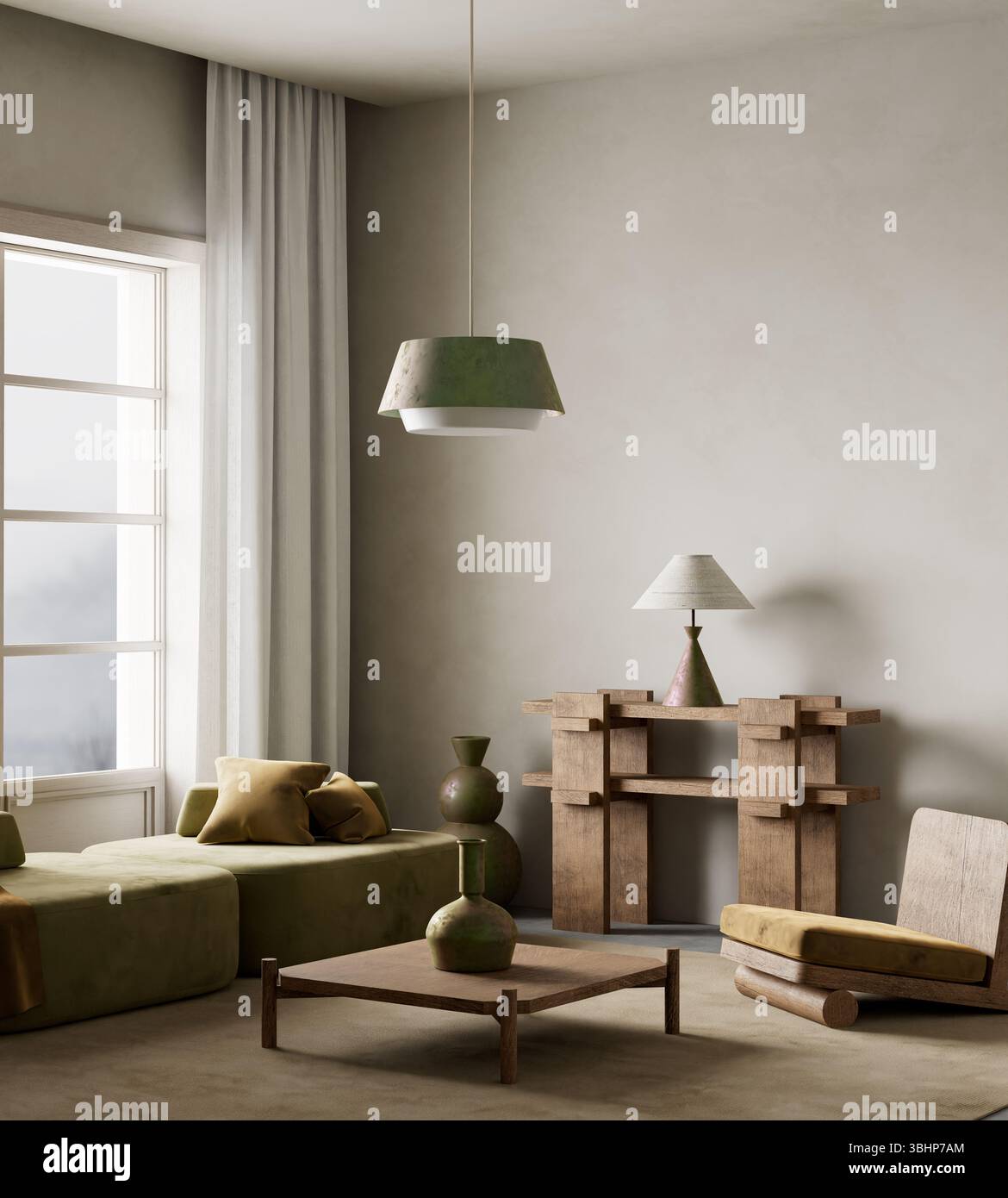 Un soggiorno tranquillo e minimalista caratterizzato da toni terrosi, mobili di basso profilo e luce naturale per un'atmosfera tranquilla e accogliente. Illustrazione 3D. Foto Stock