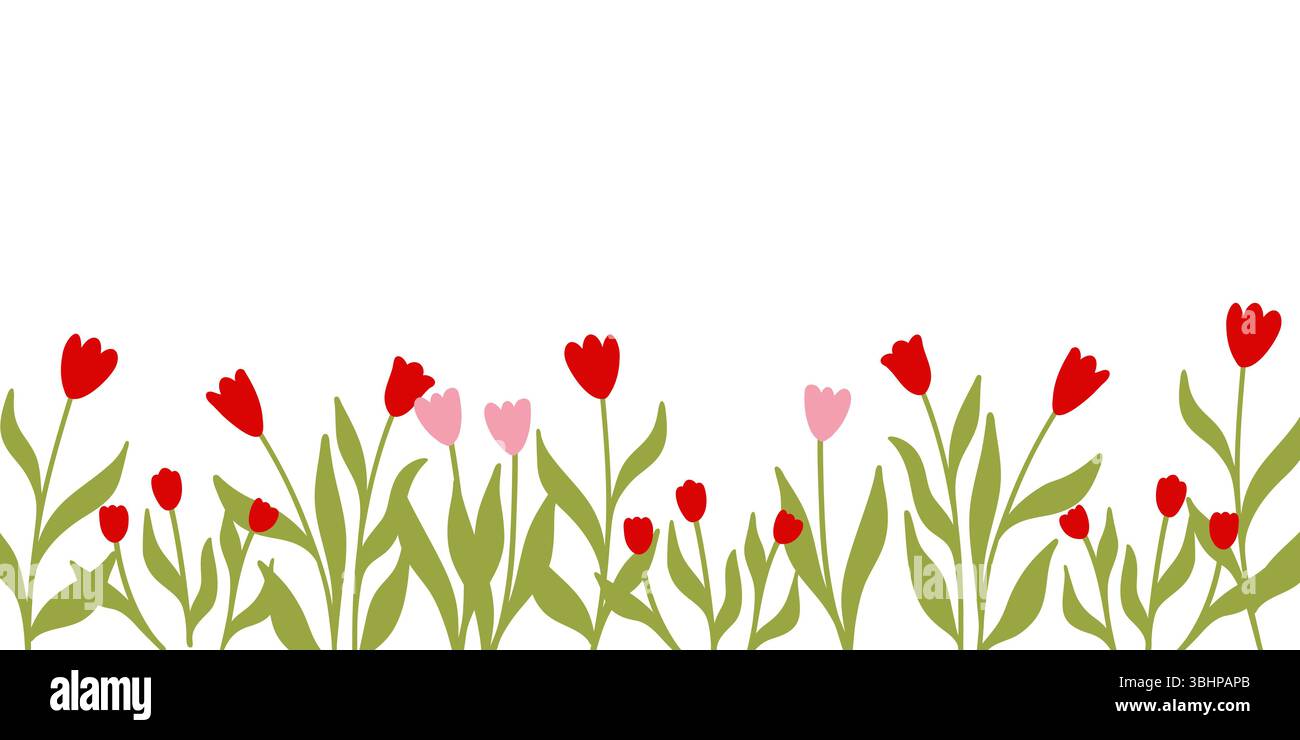 Sfondo orizzontale vettoriale con semplici fiori rossi e rosa su un'illustrazione bianca in stile piatto Illustrazione Vettoriale