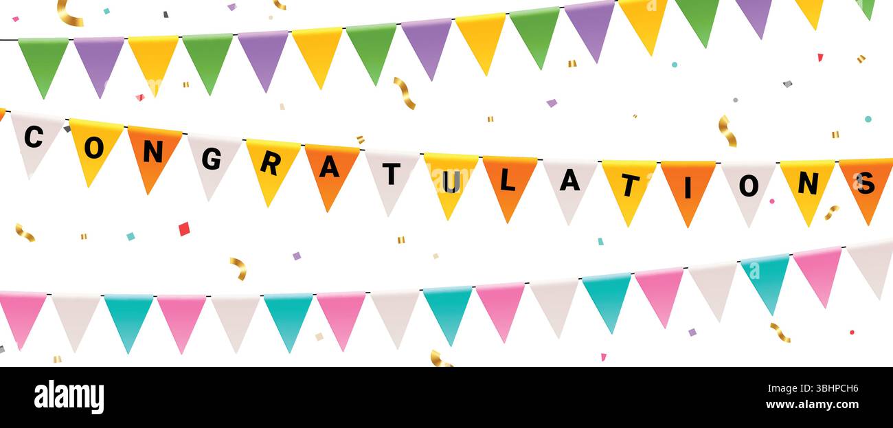 Banner clipart testo di benvenuto. Congratulazioni calligrafia e tipografia messaggio in sospeso colorato elementi decorativi pennant Illustrazione Vettoriale