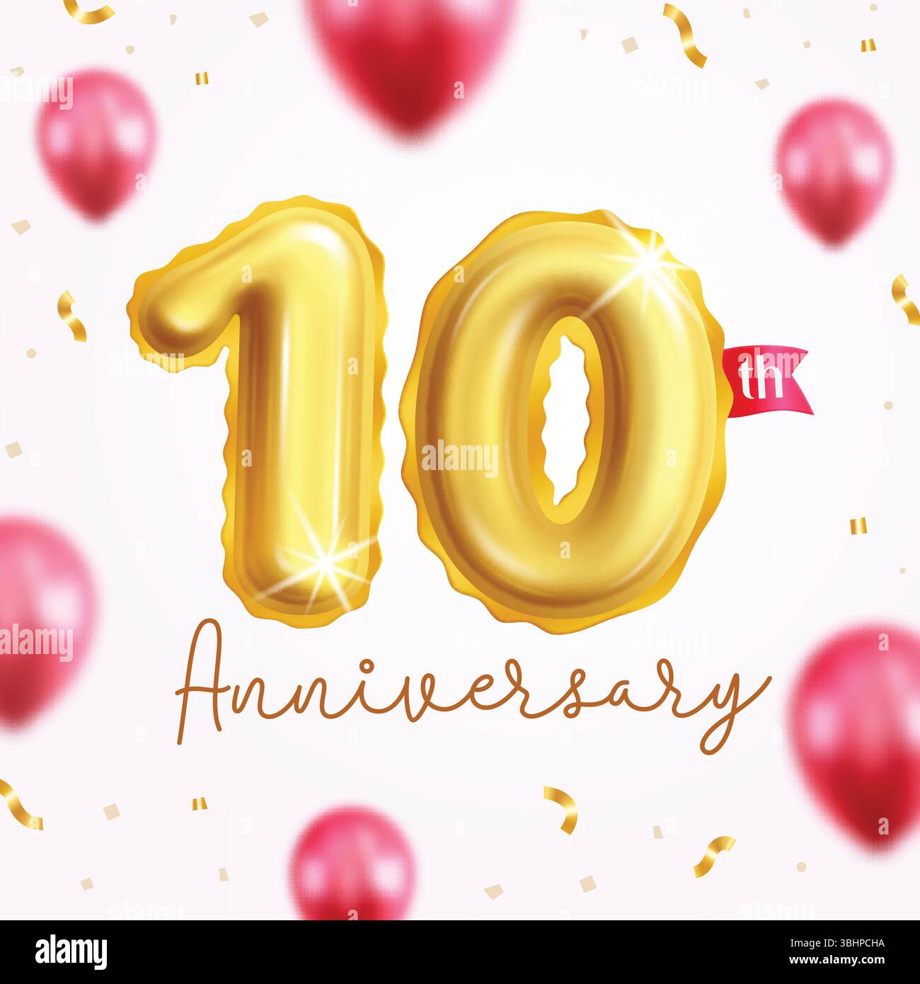 disegno clipart della carta d'invito per il decimo anniversario. Clip art di auguri di felice anniversario con palloncino lucido numero 10 e decorazione gonfiabile rossa Illustrazione Vettoriale