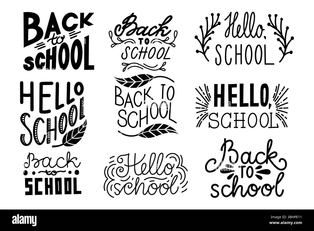 Serie di illustrazioni vettoriali con scritte scritte Back to School e Hello in inchiostro nero, isolate su un bianco. Semplice desi tipografico Illustrazione Vettoriale