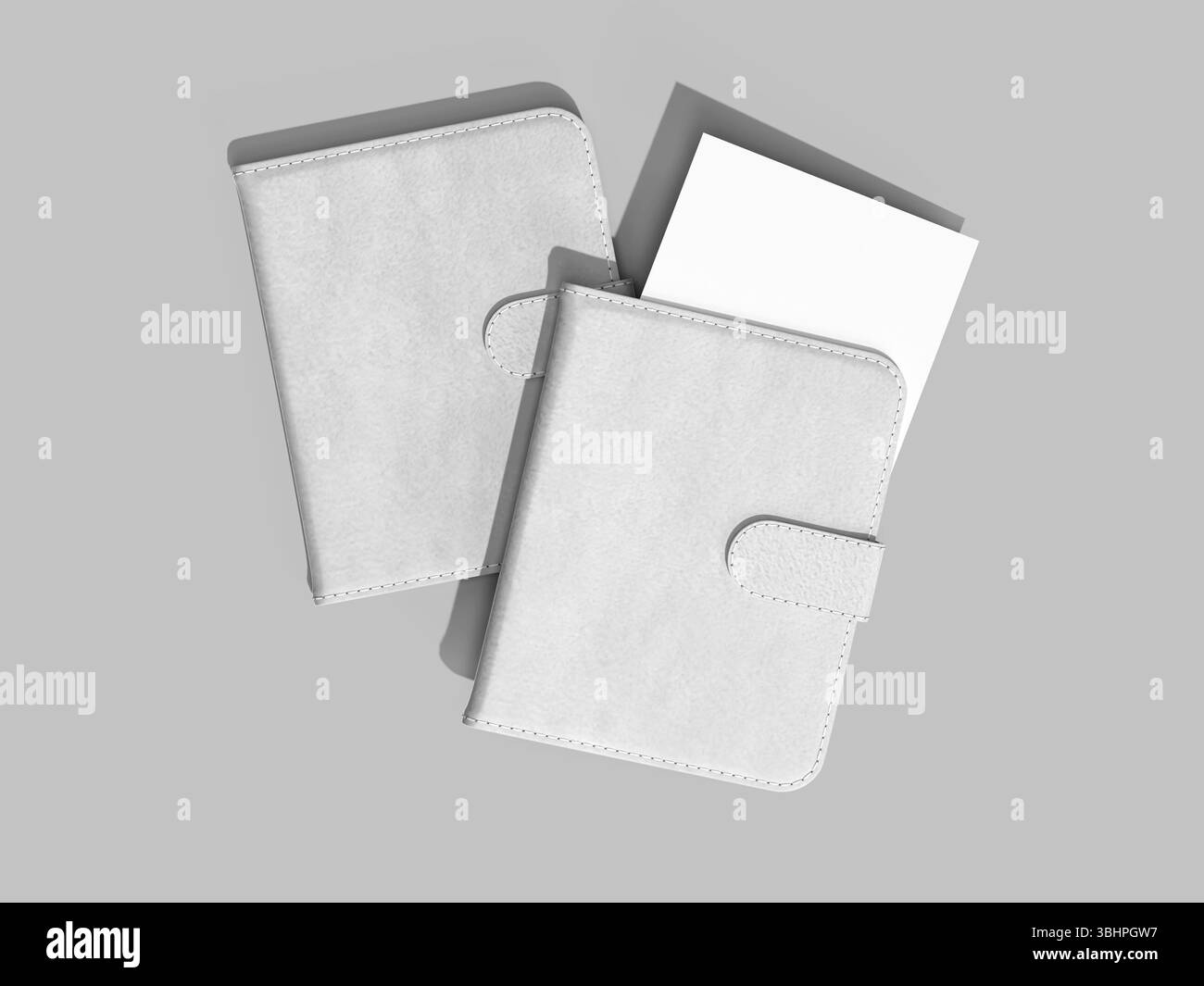 Portafoglio a libro in pelle bianca con rendering 3D Mockup per biglietti d'imbarco Foto Stock