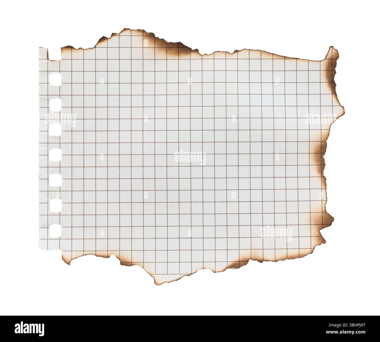 Foglio di carta bruciato bianco da un notebook, isolato su uno sfondo trasparente. Concetto di carta bianca per ufficio Foto Stock
