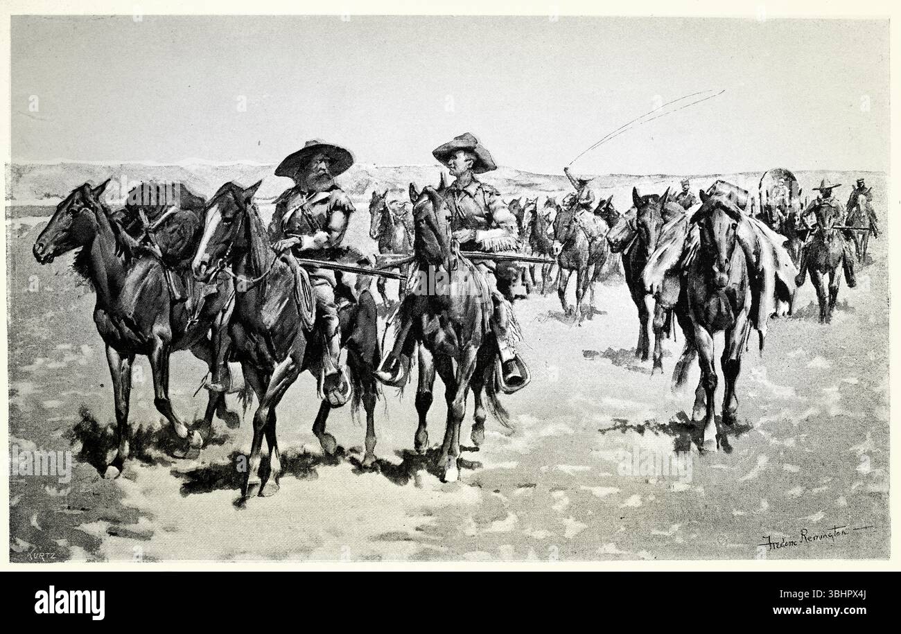 Frontiere uomini e insediamenti che viaggiano lungo l'Oregon Trail, storia del selvaggio West americano, illustrazione d'epoca, XIX secolo Foto Stock
